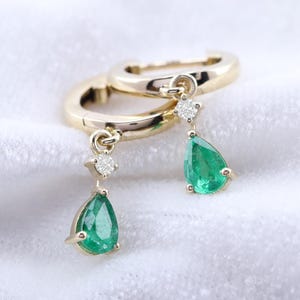 14k Solid Yellow Gold Pear Natural Emerald With Genuine Diamond Huggie Earrings Gift For Her Handmade Jewelry Dangle Earrings Christmas Gift