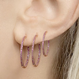14k Solid Rose Gold Ruby Large Inside Out Hoop Earring Gold Huggies Earrings Minimalist Ruby Earring Special Christmas Gift For Her