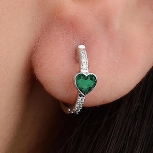 0.50 Ct Heart Emerald Diamond Hoops Earring, Natural Zambian Emerald Dainty Hoops Earring, 14k White Gold Earlobe Diamond Emerald Earrings