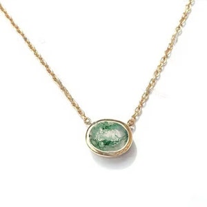 Oval Shape Moss agate Necklace, 14k Gold Moss agate Gemstone pendant women Stackable Necklace Anniversary Bridal Pendant Gift For Her