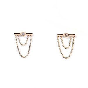 14k Solid Yellow Gold Genuine Mines Natural Diamond Drop Gold Chain Earring Statement with Beautiful Movement Gift For Her Diamond Earring