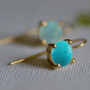 Vintage Turquoise Studs Earring, 14k Solid Gold  Minimalist Classic Turquoise Drop Earrings, Round Shape Huggies Gift For Her