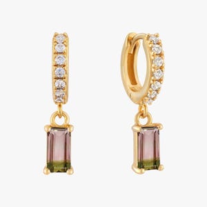 Genuine Diamond Hoops Earring, 14k Solid Gold Natural Watermelon Tourmaline Dangle Baguette Stone Hoops Earring, Attractive Handmade Jewelry