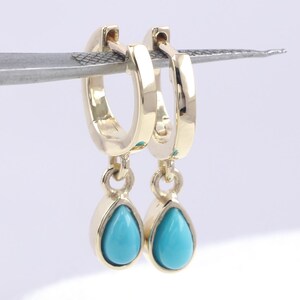 Sleeping beauty Turquoise Charm Hoop Huggie Earrings 14K solid Gold Hoops Earrings Minimalist Jewelry all Stones Christmas Gift For Her