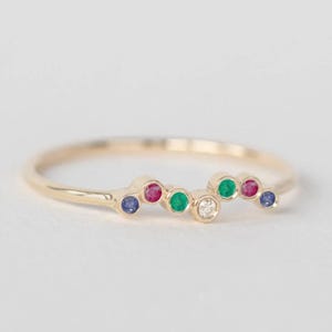 14k Solid Gold Multi Gemstone Ring, Dainty Rainbow Birthstone Ring with Ruby, Emerald, Sapphire & Diamond Colorful Bezel Set Stackable Ring