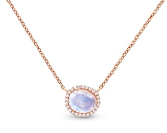 14k Solid Rose Gold Handmade Moonstone Pendant Genuine Mines Rainbow Moonstone Diamond Necklace Minimalist Gemstone Jewelry Gift for Her