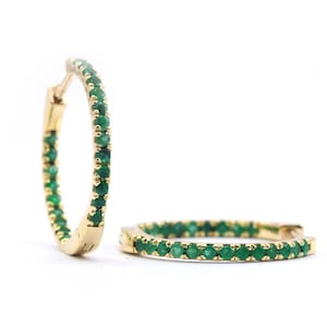 14k Solid Yellow Gold Emerald Large Inside Out Hoop Earring Gold Huggies Earrings Minimalist Emerald Earring Special Christmas Gift For Her.