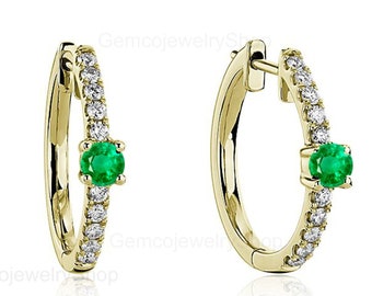 14K Solid Gold Emerald & Diamond Hoop Earrings, Natural Green Emerald Huggie Hoops, Dainty Gold Diamond Hoops, Elegant Fine Jewelry Gifts