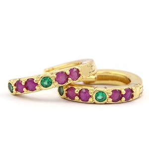 14k Solid Yellow Gold Natural Ruby & Emerald Hoop Earrings Huggie Earring Gift Minimalist Jewelry Dainty Gift Earring Christmas Gift for Her