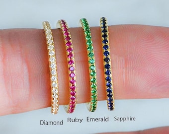 Emerald Gemstone Mini Engagement Band Ring 14k Solid Yellow Gold Eternity Band Ring Gift For Her Proposal Gift Ring For Anniversary