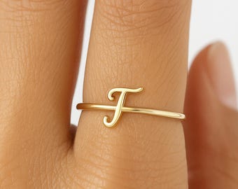 14K massief gouden eerste ring met schrift, gepersonaliseerde sierlijke stapelring, minimalistische draadhandschriftring, persoonlijk cadeau verjaardagsdag