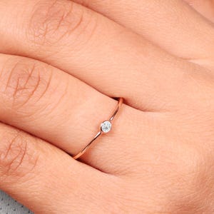 Diamond Solitaire Ring 14k Solid Gold Dainty Promise Ring, Tiny Round Cut Engagement Ring, Minimalist Bezel Diamond  Stacking Ring Gifts