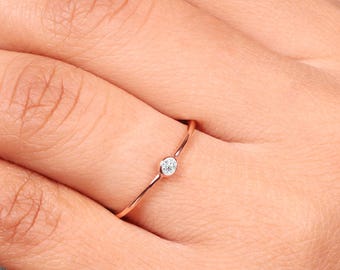 Diamond Solitaire Ring 14k Solid Gold Dainty Promise Ring, Tiny Round Cut Engagement Ring, Minimalist Bezel Diamond  Stacking Ring Gifts