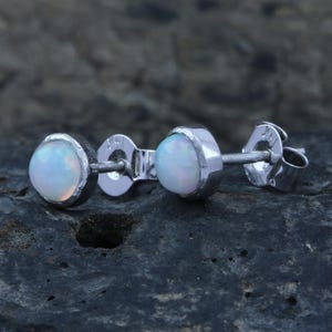 Natural Ethiopian Opal Studs Earring, 14k Solid White Gold Dainty Opal Studs, Minimalist Earring, Handmade Jewelry Gift For Her / Daily Wear