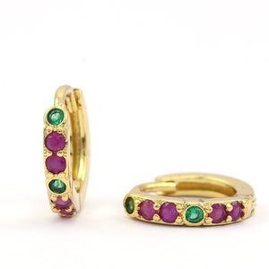 14k Solid Yellow Gold Natural Ruby & Emerald Hoop Earrings Huggie Earring Gift Minimalist Jewelry Dainty Gift Earring Christmas Gift for Her