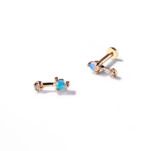 14k Solid Yellow Gold Genuine Natural Australian Opal Gemstone Natural Diamond Simple Bar Earrings Statement Gift For Her Birthstone Studs