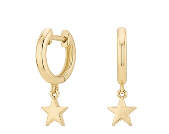 Gold Star Hoop Earrings, 14k /18k Solid Gold Star Charm Huggies Earring,Dainty Minimalist Celestial Earrings, Everyday Jewelry Gift For Her