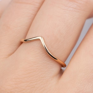 Curved Wedding Band for Engagement Ring, Solid 14k Gold V Shape Stacking Ring, Gold Chevron Handmade Wedding Band, Geometric Promise Ring
