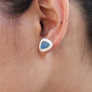 14K Solid White Gold Australian Opal Doublet & Diamond Studs | Unique Birthstone Earrings | Handmade Fine Jewelry | Gift for Her