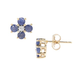 Natural Sapphire Earrings / Diamond and Sapphire Cluster Studs Earrings in 14k Solid Gold / Flower Design Sapphire and Diamond Studs Earring