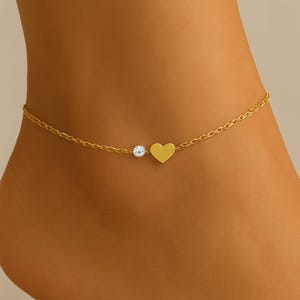 Heart Anklet – 14k Solid Gold Heart and Diamond Anklet, Minimalist Dainty Chain Anklet, Handmade Fine Jewelry Gift for Women