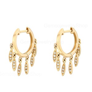 Natural Diamond Dangling Pea Shaped Charms Hoops Earring, 14k Solid Gold Small Hoops & Huggies Dangle Pea Earrings Jewelry Wedding Gifts