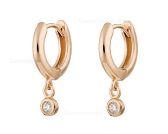 14k Solid Rose Gold Small Hoops & Huggies Earrings Natural Dainty Diamond Wedding Gift For Women, Birthday/Christmas Gift For Her