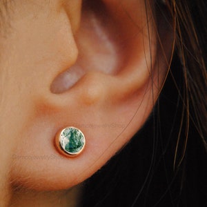 14K Solid Yellow Gold Moss Agate Studs Full Moon Shape Studs Minimalist Handmade Fine Jewelry Everyday Wear Studs Special Christmas Gift
