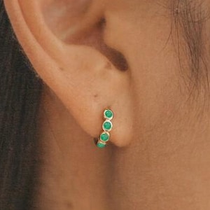 Natural Emerald Hoops Huggie Earring, Minimalist Solid 14k Gold Bezel Emerald Gold Dainty Hoops Earring, Handmade Jewelry Mini Hoops Earring