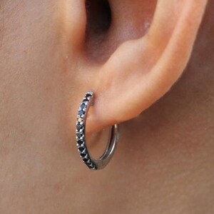 Natural Dark Blue Sapphire Prefect Full Eternity Band Huggie Earring Gift For Her Minimalist Jewelry Solid 14k Yellow Gold Circle Earrings