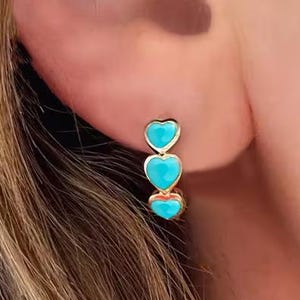 Natural Turquoise Heart Shape Hoops Earring, 14k Solid Gold Triple Gemstone Huggies Earring Minimalist Women Gift Jewelry Turquoise Earring