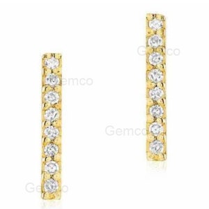 Pendientes de barra de oro amarillo macizo de 14 quilates, joyería hecha a mano, diamantes de color G-H, claridad SI natural, par de pendientes de barra, regalos de cumpleaños para ella