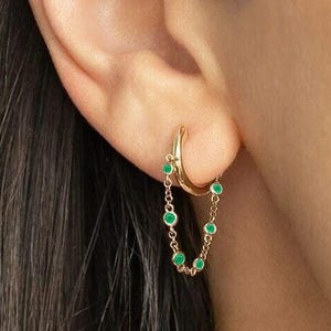 AAA Quality Genuine Zambian Emerald Hoops Large Chain Earring Solid 14K Gold Earlobe Dangle Gold Chain Earrings Minimalist Fine Jewelry Gift