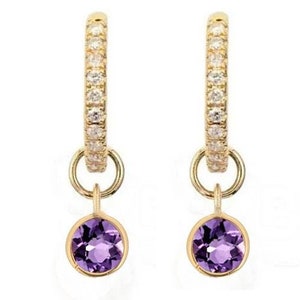 Natural Amethyst Dangle Drop Charm Hoops Earring Minimalist Jewelry Solid 14k Gold SI-G-H Color Diamond Hoops 10 MM Inner Diameter Earrings