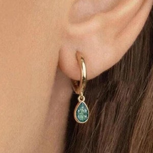 14k Solid Gold Dangle Drop Moss Agate Charm Hoops Huggies Earring, Handmade Minimalist Moss Agate Teardrop Hoops Earring Custom Fine Jewelry