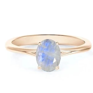 14k Solid Yellow Gold Genuine Rainbow Moonstone Ring Minimalist Gold Jewelry Oval Rainbow Moonstone Ring Handmade Jewelry Christmas Gift