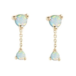 Natural Ethiopian Opal Drop Chain Earrings, 14k Solid Gold Dangle Studs, October Birthstone Jewelry, Minimalist Handmade Gemstone Earrings