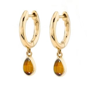 Brinco de argola pendente de olho de tigre natural Huggies, ouro maciço 14k, joia minimalista feita à mão, brincos de argola de ouro, presentes para ela