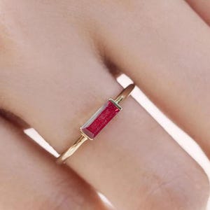 14k Solid Gold Baguette Ruby Ring, Minimalist Birthstone Ring,Art Deco Baguette Stack Ring, Dainty Horizontal Gemstone Band Handmade Jewelry