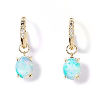 14k Solid Yellow Gold Australian Opal Hoop Earrings Studded with Natural Diamond Australian Opal Hoop Earrings Minimalist Jewelry Gift Her