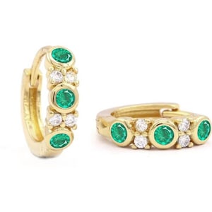 Brinco de argolas de esmeralda natural, brinco de declaração de diamante de joia de ouro maciço feito à mão, brinco de argolas delicadas de ouro 14k, presentes para o dia dos namorados