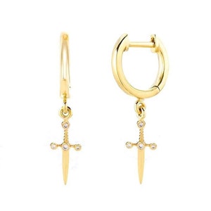Sword Earring, 14k Solid Gold Genuine Diamond Dainty Dangle Dagger Hoops Huggie Earrings,  Sword Charm Handmade Minimalist Jewelry Earring