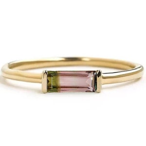Genuine Large Baguette Watermelon Tourmaline Stone Ring, 14k Solid Gold Engagement Ring,  Handmade Minimalist Jewelry Gift For Her Ring