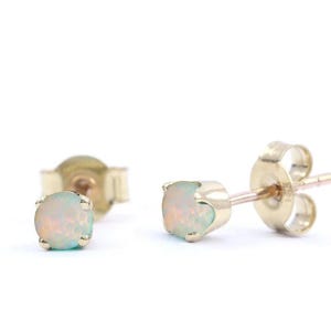 Tiny Ethiopian Opal Stud Earring With Four Prongs Settings In 14K Solid Gold/ Genuine Round Opal 5mm Studs/ October Birthstone/ Jewelry Gift