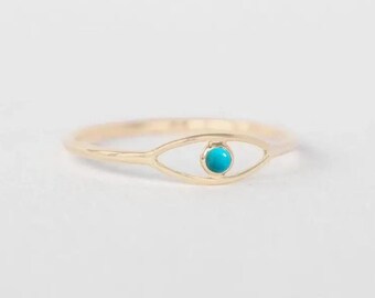 Turquoise Evil Eye Ring / 14k Solid Gold Turquoise Evil Eye Ring / Protection Ring, Dainty Evil Eye Gemstone Ring, Handmade Jewelry Gifts