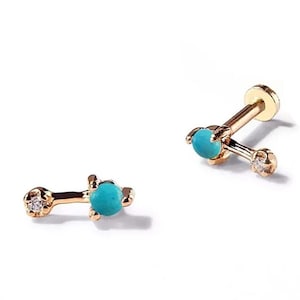 14K ソリッドゴールド 天然アリゾナ ターコイズ & 本物のダイヤモンド シンプル バー ハンドメイド ミニマリスト ジュエリー、彼女へのステートメントギフト 誕生石 スタッド