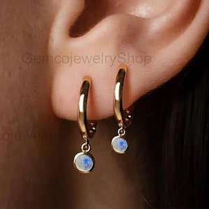 Rainbow Moonstone Dangle Drop Hoops Earring, 14k Solid Yellow Gold Minimalist Huggies Earring, Dainty Moonstone Bezel Set Statement Earring