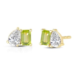 1.00 Ct Toi et Moi Studs Earring,14K Solid Gold Emerald Cut Peridot/ Pear Moissanite Dainty Toi et Moi Studs,Duo Stone Custom Gemstone Studs