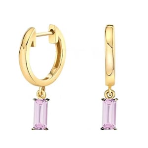 Natural Pink Sapphire Baguette Stone Hoops Earrings, 14k/18k Solid Gold Attractive & Dainty Gold Handmade Jewelry Dangle Charm Earrings
