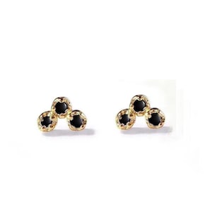 14k Solid Yellow Gold Natural Black Onyx Studs Earring, Three Stone Tiny Studs Earring, Dainty Minimalist jewelry Gift For Her Earring